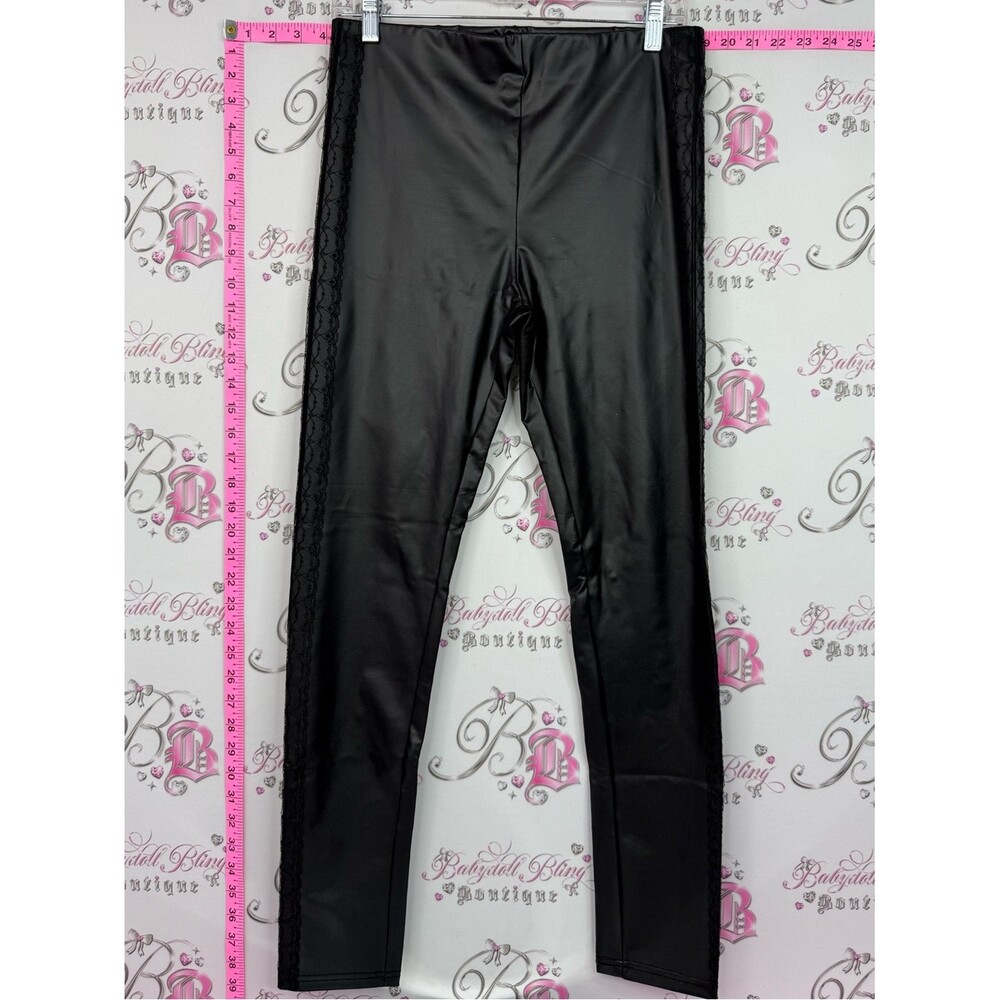 Suzy Shier pants leggings lace Black Faux Leather Leggings with Lace Sides
